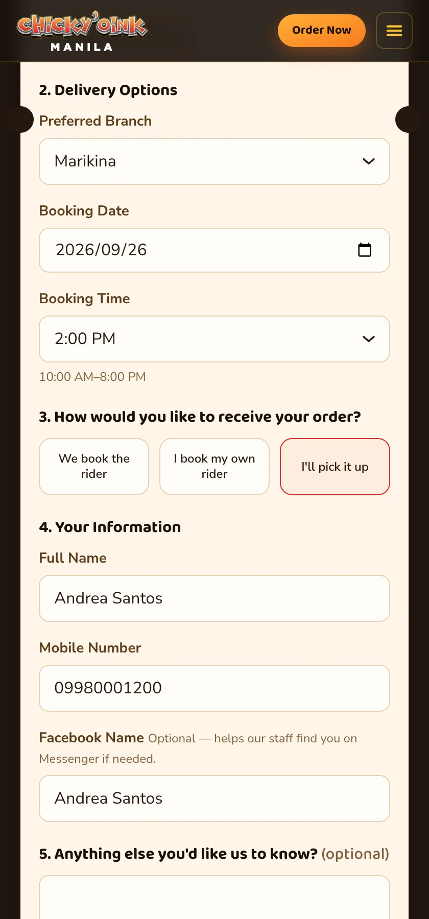 The order form: branch, pickup date and time, and pickup chosen