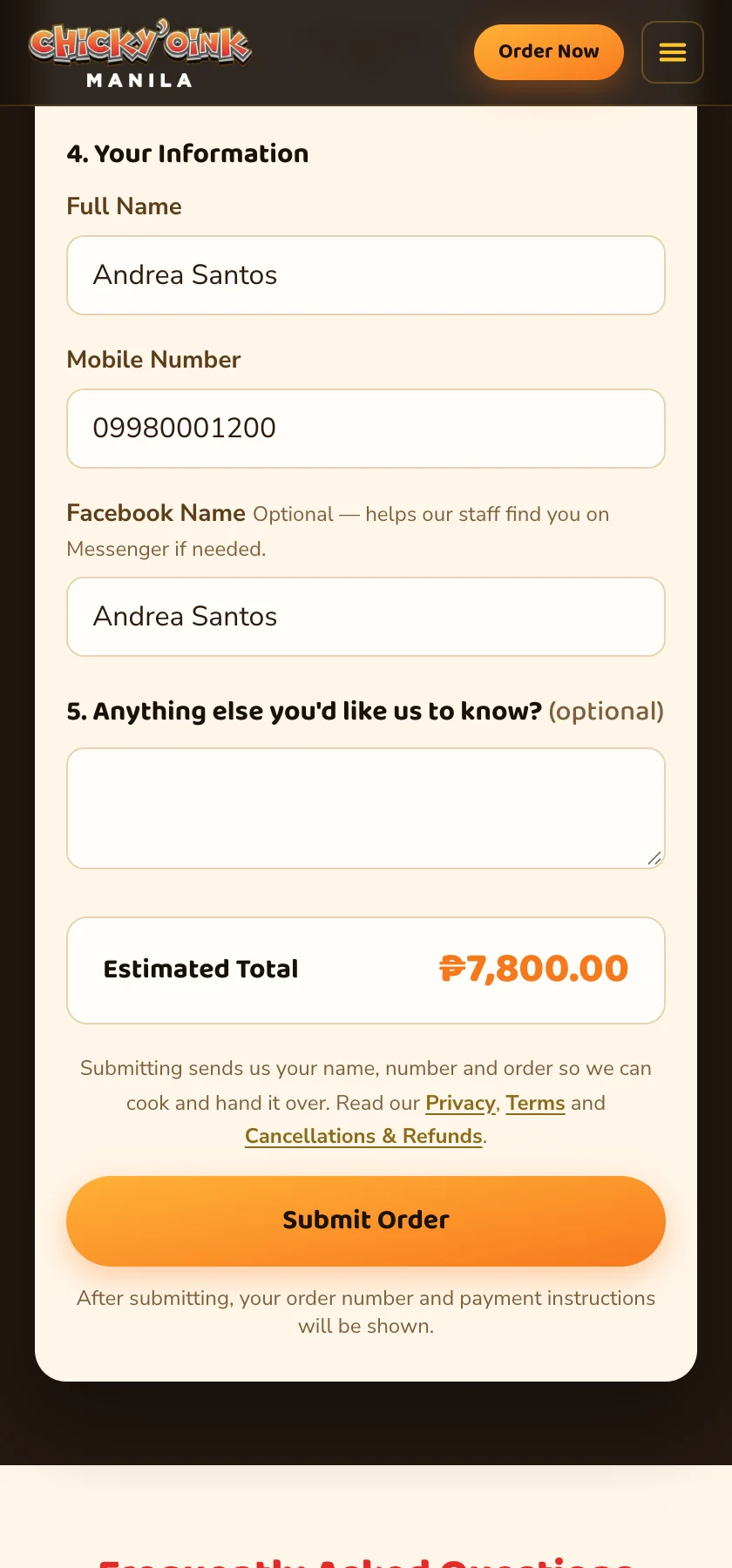 The order form: customer details and the total before submitting
