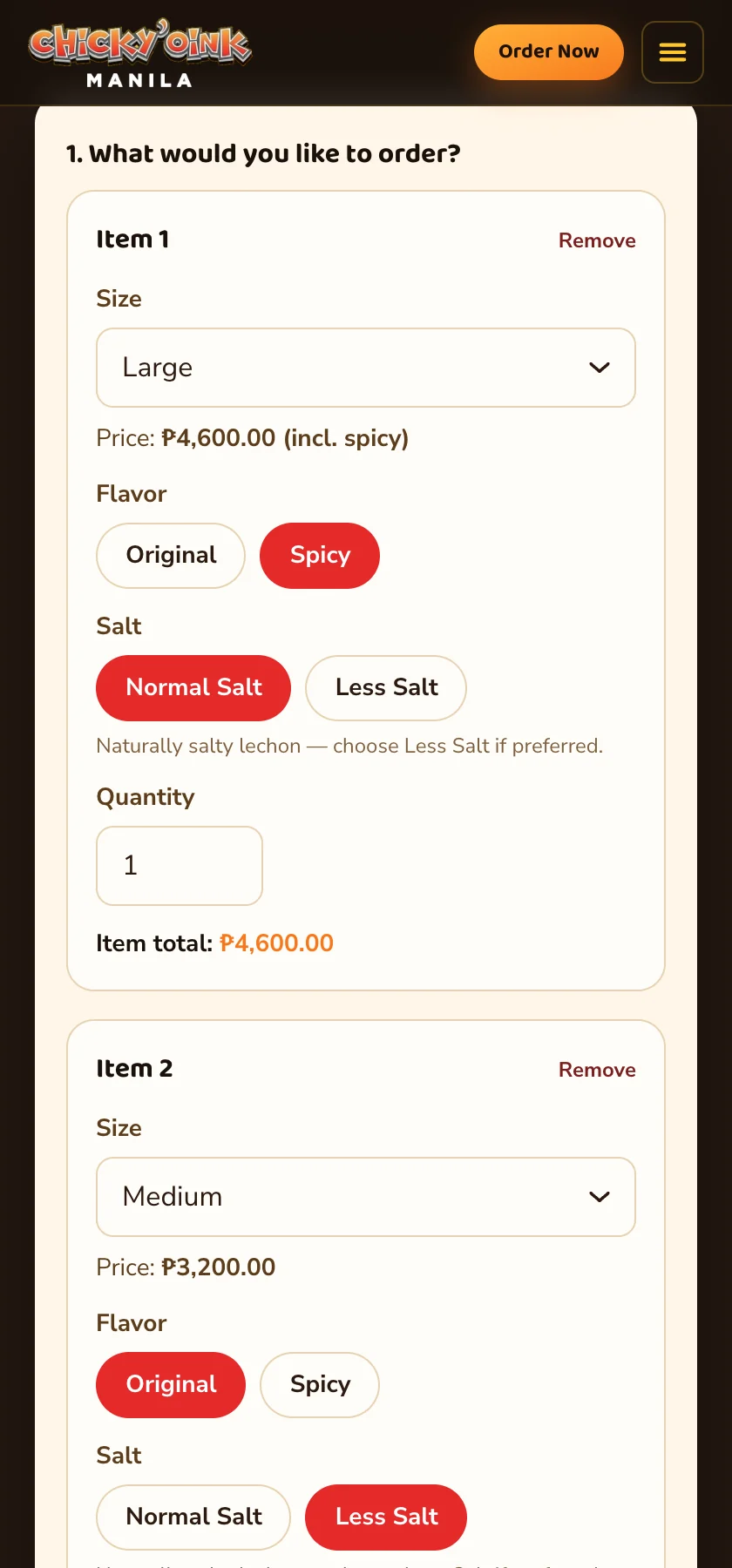 The order form: two lechon bellies chosen, with size, flavor and salt for each