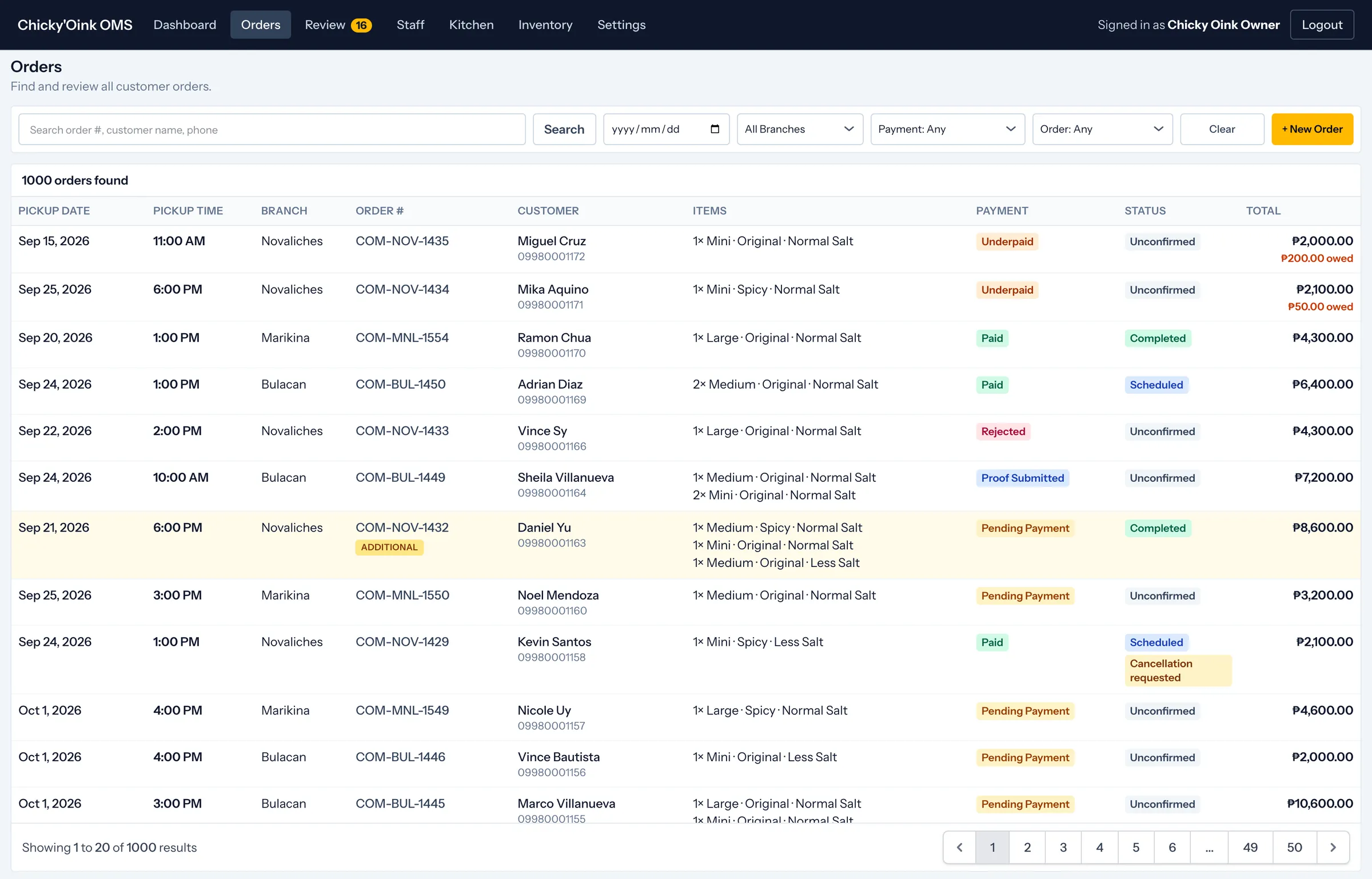 The order book listing branch, pickup slot, items and payment state