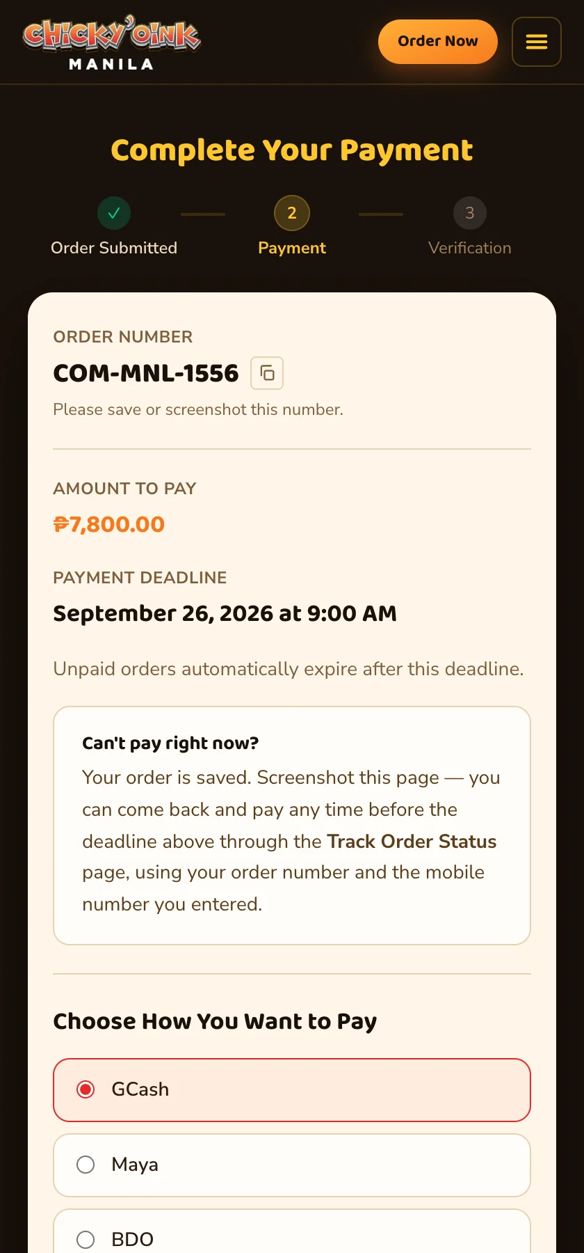 After ordering: the order number, the amount to pay and the payment deadline