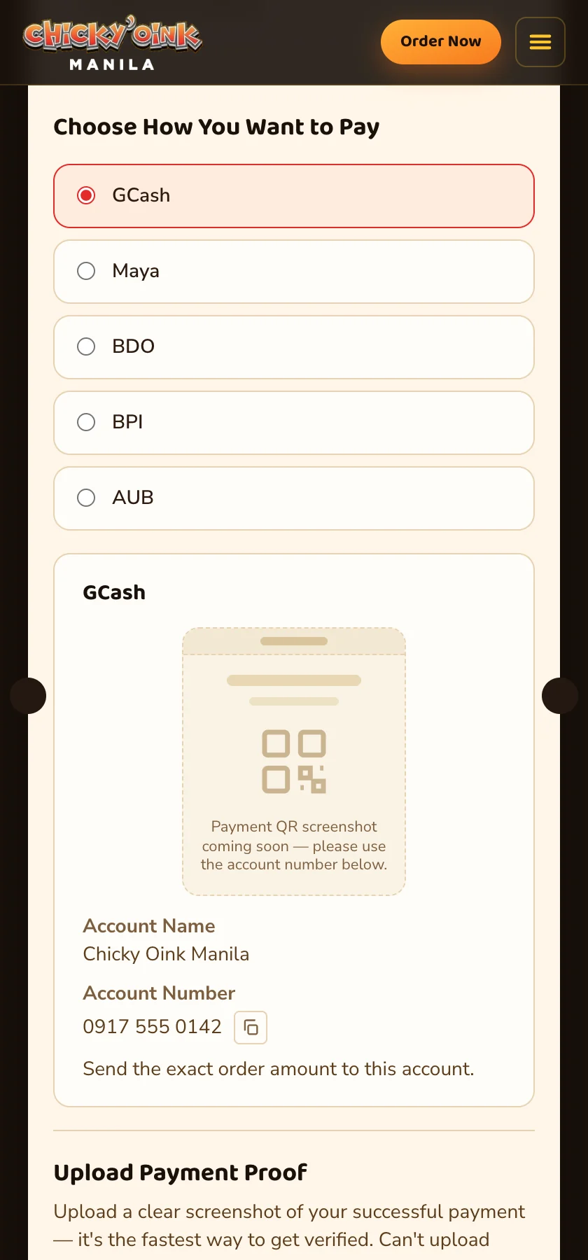 Choosing how to pay: GCash, Maya or a bank, with the account to send to