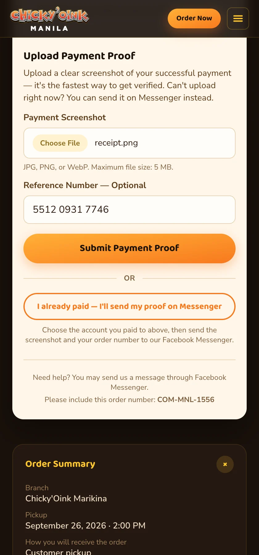 Uploading the payment screenshot, with the reference number
