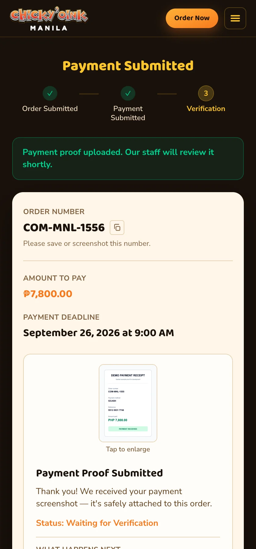 After paying: proof received, waiting for the shop to check it