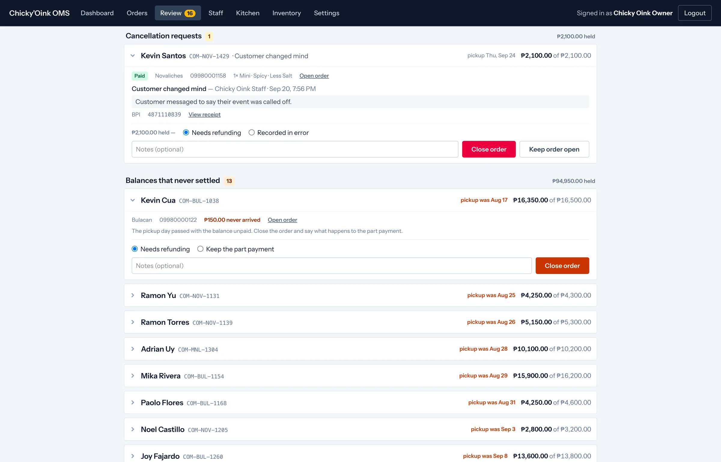 The owner&rsquo;s queue of cancellation requests and unsettled balances