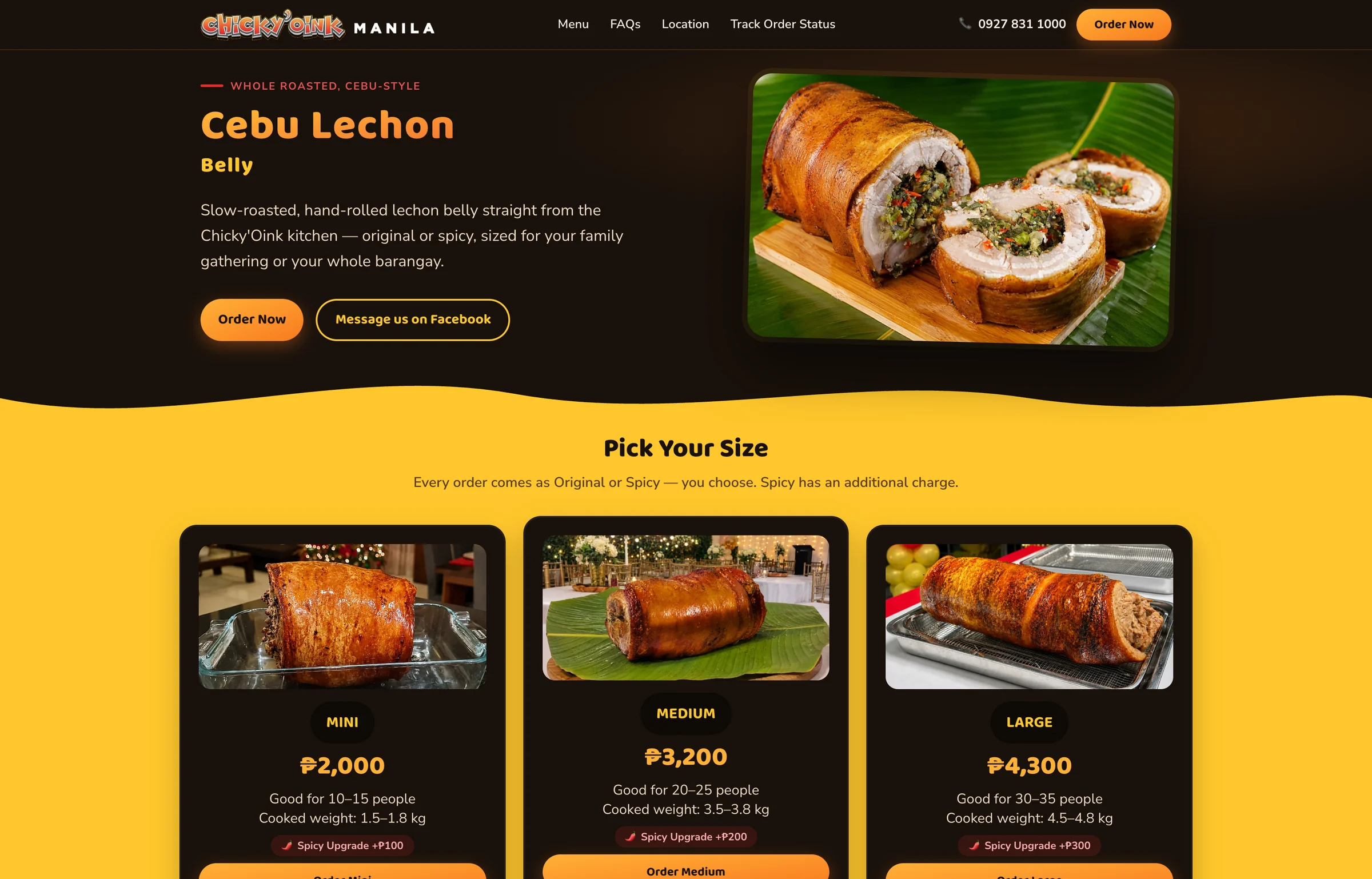 The Chicky&rsquo;Oink website showing the menu and sizes